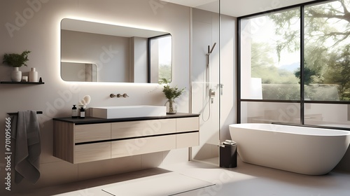 Sleek bathroom design with a floating vanity, frameless mirror, and geometric tile accents