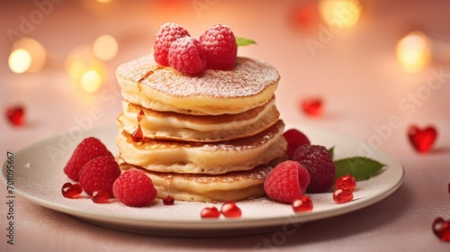 Pancakes with raspberries and icing sugar on a pink background