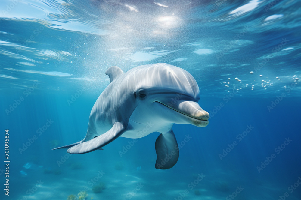 Fototapeta premium Dolphin swimming underwater. Animal front portrait.