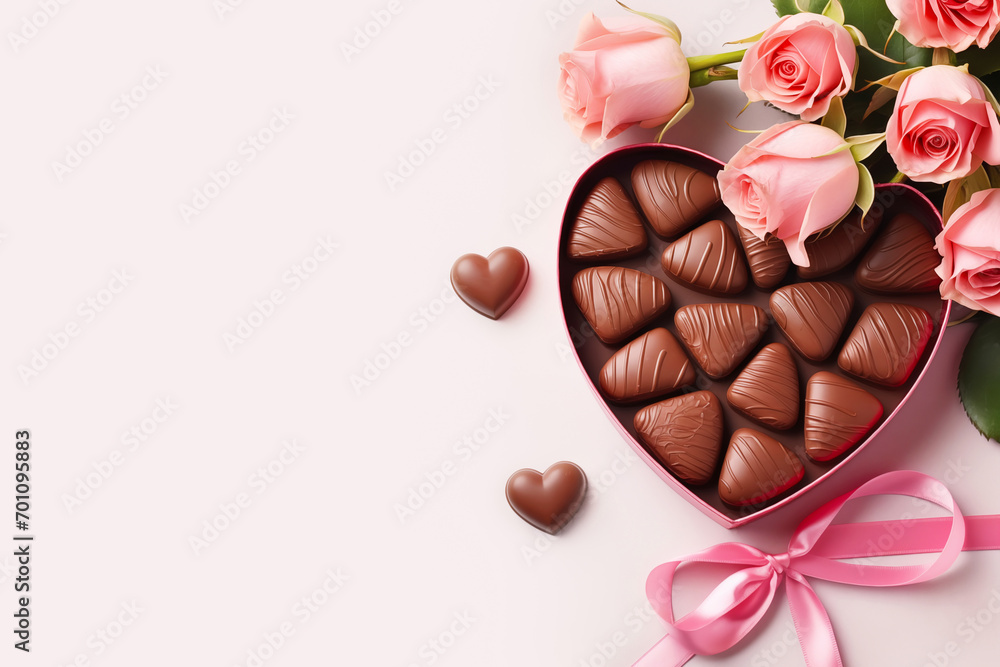 Luxury valentine chocolates in heart shaped gift box and tender roses, copy space - obrazy, fototapety, plakaty 