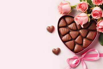 Luxury valentine chocolates in heart shaped gift box and tender roses, copy space