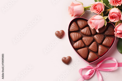 Luxury valentine chocolates in heart shaped gift box and tender roses, copy space