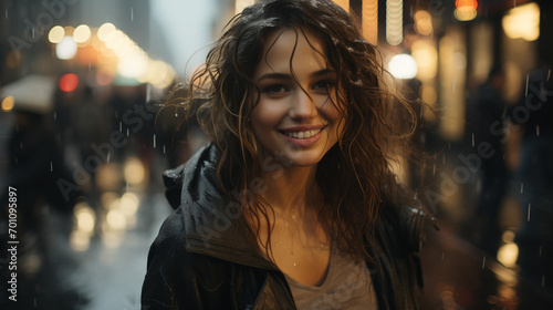 portrait of a woman in the city, Refocused lights beaming through the rain-slicked, misted glass lovely girl