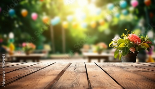 Outdoor elegance Empty wooden table, party unfolding in blurred garden. © shaista