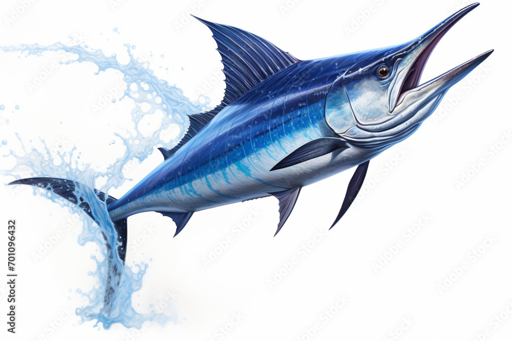 Marlin leaping out of the water isolated on a white background. Animal side portrait. Marlin leaping out of the water isolated on a white background. Animal side portrait.