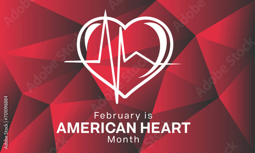 American Heart Month design. It features a love shape with pulse on red abstract background. Vector illustration