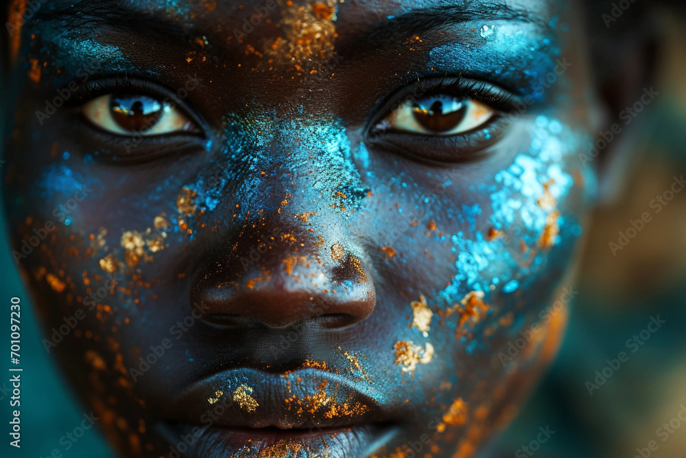 Closeup of a Black Woman's Face Coated in Blue and Gold Glitter Paint