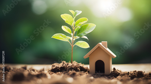 Cottage with Growing Tree, Miniature House and Sprouting Tree, Symbolic Growth and Home, Nature's Embrace of Home, House with Emerging Greenery