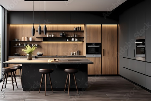 Sleek modern classic minimalist kitchen with integrated appliances  a clutter-free countertop  and a timeless aesthetic