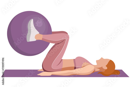 vector illustration of a girl in sportswear doing fitness, sports, working out, doing exercises with a fitness ball isolated on a white background.