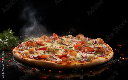 Freshly made pizza is placed on a black tray. Looking at it, it looks very delicious.