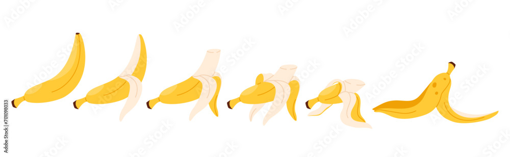 Eaten banana set of animation sequence. Stages of bites, bitten yellow tropical fruit with peel from whole to half and trash skin, banana pieces disappear when eating cartoon vector illustration - obrazy, fototapety, plakaty 