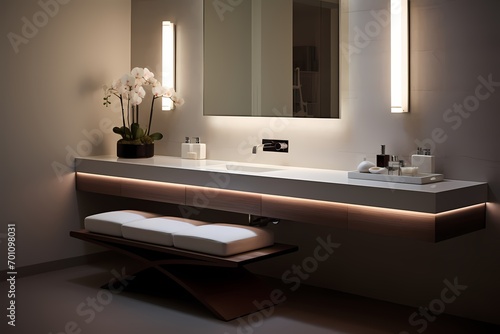 Sleek modern classic minimalist bathroom featuring a floating vanity  mirror with integrated lighting  and a spa-like atmosphere