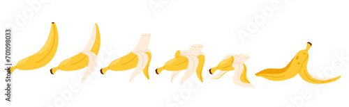 Eaten banana set of animation sequence. Stages of bites, bitten yellow tropical fruit with peel from whole to half and trash skin, banana pieces disappear when eating cartoon vector illustration