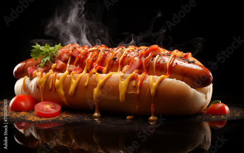 Hot dogs with sauce, freshly made, with faint smoke from the heat Looking at it, it looks very delicious.