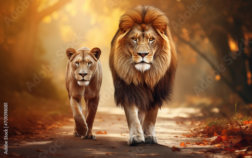 A lion walks down the road Awesome demeanor There was sunlight shining down in a beautiful golden light. © witoon
