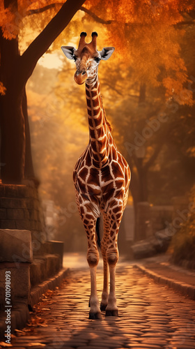 Giraffe walking in the garden In the evening  a golden light shines. The atmosphere is very beautiful.