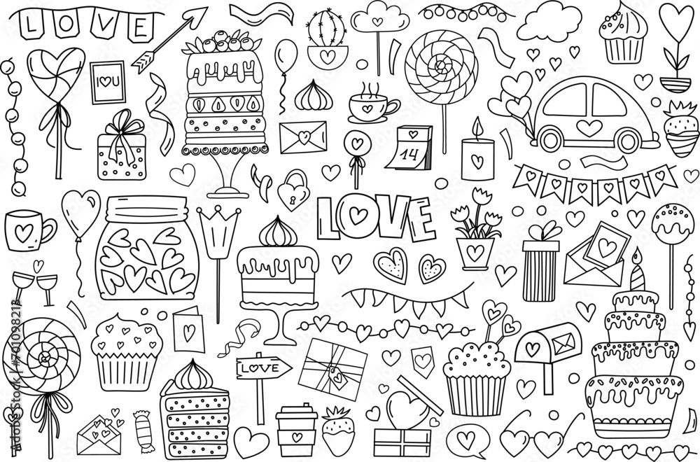 Hand-Drawn Doodle Set In Vector, Featuring A Stress-Relief Coloring Page For Valentine'S Day With Hearts, Candies, And Sweets For February 14, Is A Cute Coloring Book