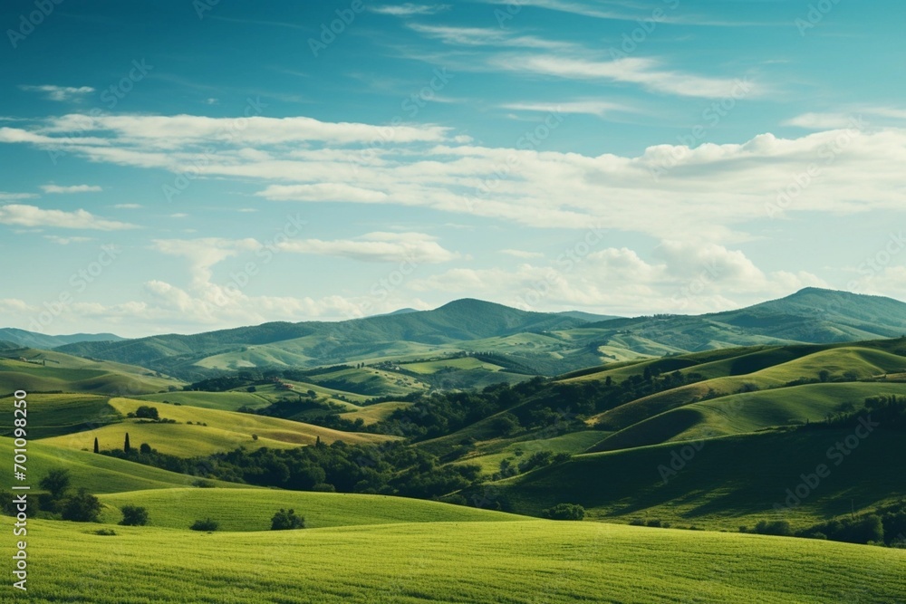 Rolling green hills in the picturesque region of Tuscany, Italy.