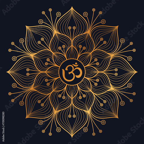 Golden om lotus mandala flower on dark background. Vector illustration line drawing	