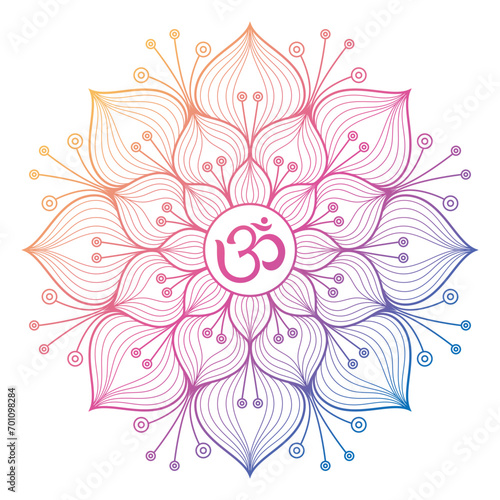 Hindu symbol Om on a colored lotus mandala flower. Vector illustration line drawing	