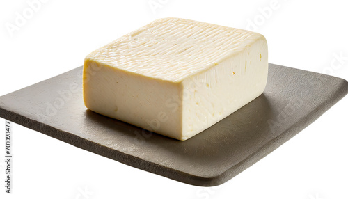 Sheep cheese on a square plate, isolated on transparent background.