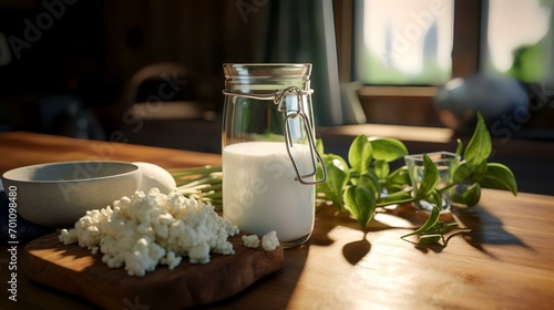 Milk in a glass jug and fresh cottage cheese on a wooden table