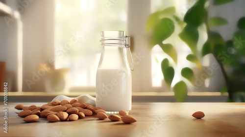 Bottle of tasty almond milk and nuts on wooden table in the kitchen