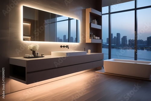 Sleek modern classic minimalist bathroom featuring a floating vanity  mirror with integrated lighting  and a spa-like atmosphere