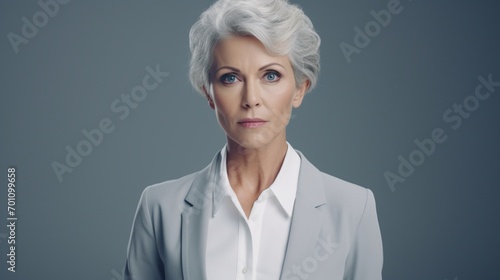 Unenthused businesswoman in a portrait, showing lack of enthusiasm or interest in news, on a soft gray background