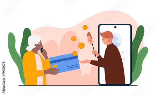 Stealing money from old woman, scam and fraud using mobile phone vector illustration. Cartoon scammer holding fake face to steal financial information of bank account, credit card from grandma
