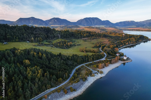 Sunset over Liptov region in the backround with Liptovska mara lake and Tatras mountains around. Liptovsky Mikulas landspace, Slovakia photo