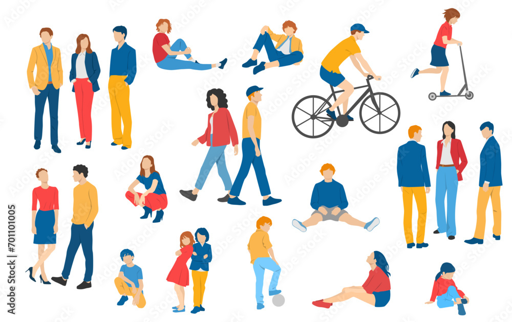 Men, women, teenagers and children standing, walking, sitting, different colors, cartoon character, group  silhouettes rest people, students, design concept of flat icon, isolated on white background