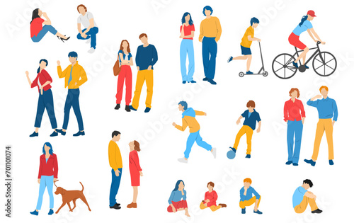 Men  women  teenagers and children standing  walking  sitting  different colors  cartoon character  group  silhouettes rest people  students  design concept of flat icon  isolated on white background