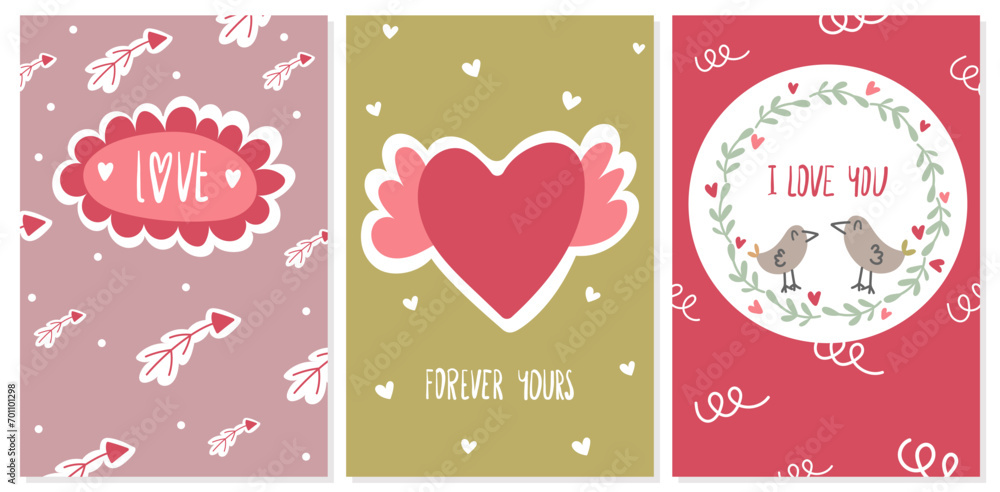 Valentines day cards with couple of birds, hearts and arrows. Cute love gift tags with quotes. Happy valentine design vector set. 
