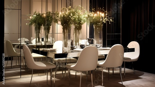 Sophisticated dining space with a mirrored wall  high-backed chairs  and a sleek table set for an exquisite meal