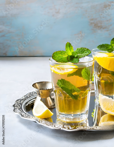 Moroccan mint tea in glasses with cough sugar on silver tray, text space.