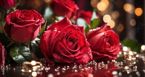 A close-up of vibrant red roses surrounded by sparkling bokeh  creating a romantic ambiance -Generative Ai