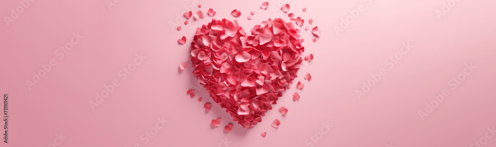 Heart made of flower petals on a pink background with space for text. Banner for Valentine's Day.