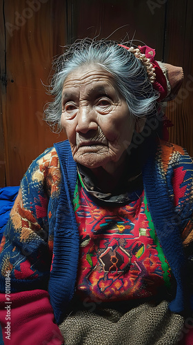 Una anciana vestida con ropa andina , mirando tristemente 