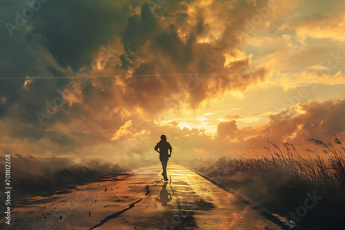 Una persona caminando por una pista hacia el atardecer 