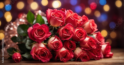 A heart-shaped bouquet of vibrant roses, bathed in soft bokeh lights against a Valentine's Day background -Generative Ai