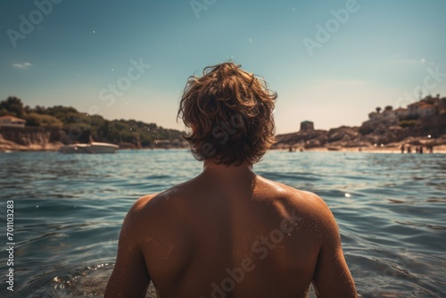 a man stands with his back to the camera in the sea