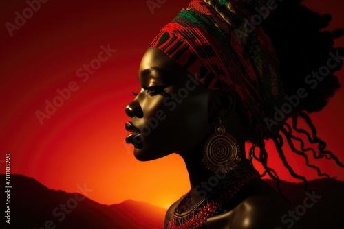 portrait of a beautiful African woman wearing traditional tribal turban motifs,