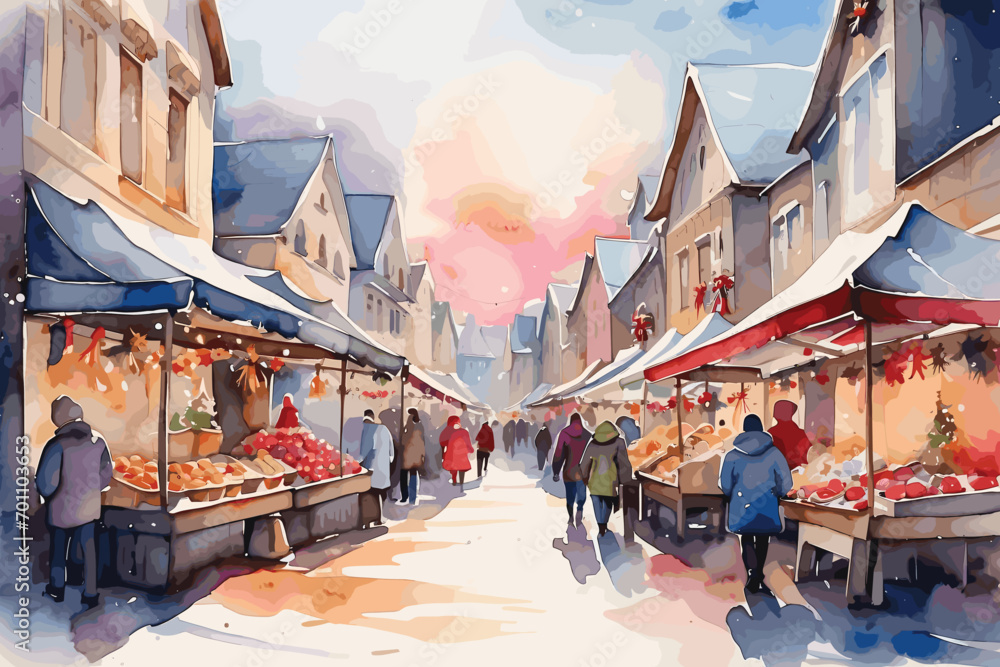 Watercolor illustration of a christmas market in a village