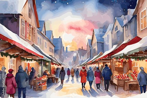 Watercolor illustration of a christmas market in a village