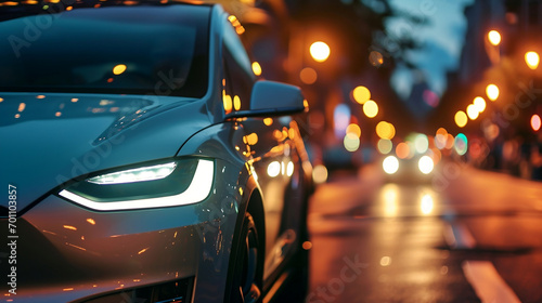 Electric car concept on city street with blurred bokeh flare background