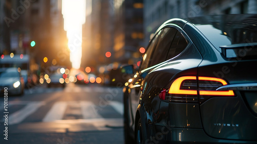 Obraz na płótnie Electric car concept on city street with blurred bokeh flare background