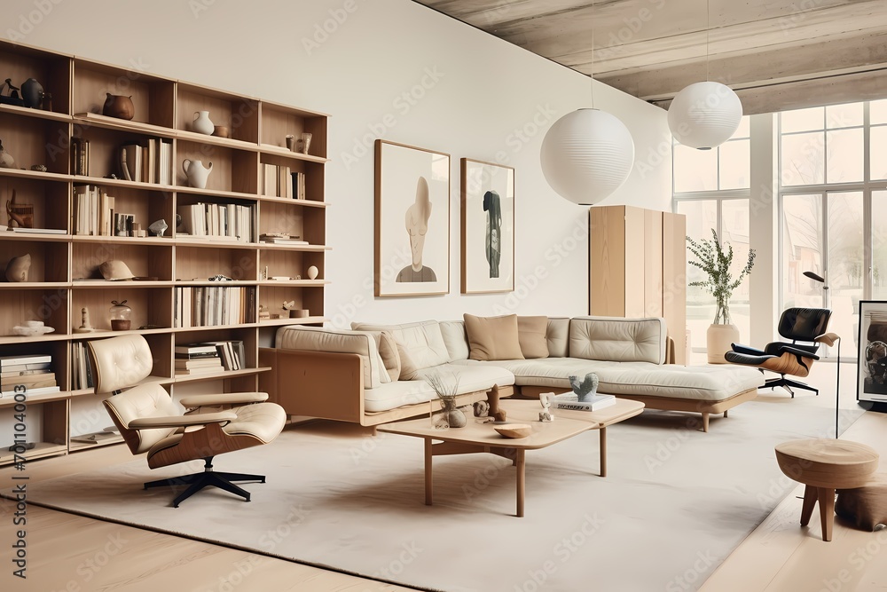 Spacious mid-century Copenhagen loft interior, combining iconic furniture, neutral tones, and open living spaces