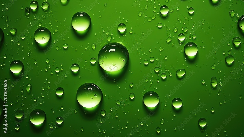 Water drops on green background. Top view